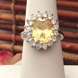 Yellow and Crystal Cocktail Ring Size 7